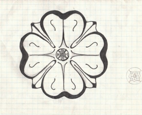 The prototype Roland Park dogwood rosette. This is Tony Pinto's original drawing of the now iconic emblem. Pinto designed it in 1991, in time for the Roland Park centennial. It initially served as the logo for just the Roads & Maintenance Corp., but has since been adopted by the Civic League and the Community Foundation. Click image to enlarge. (Courtesy of Anthony F. Pinto III.)